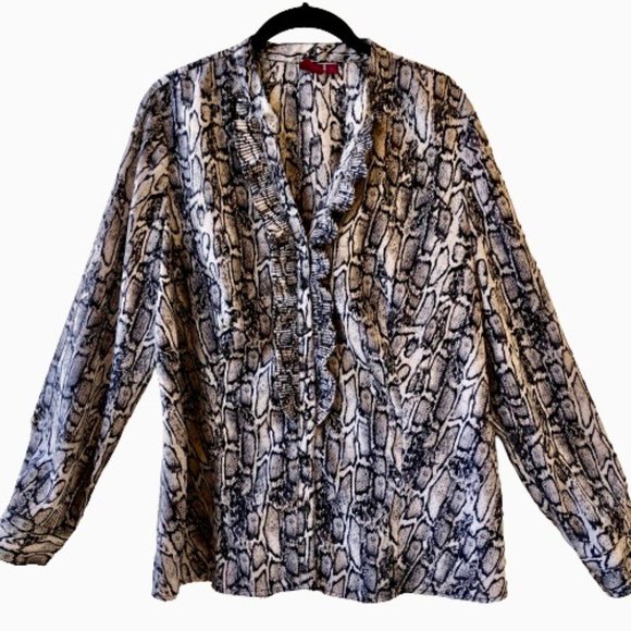 212 Collection Button Up Blouse Reptile Print Ruffles Long Sleeves - Picture 6 of 13